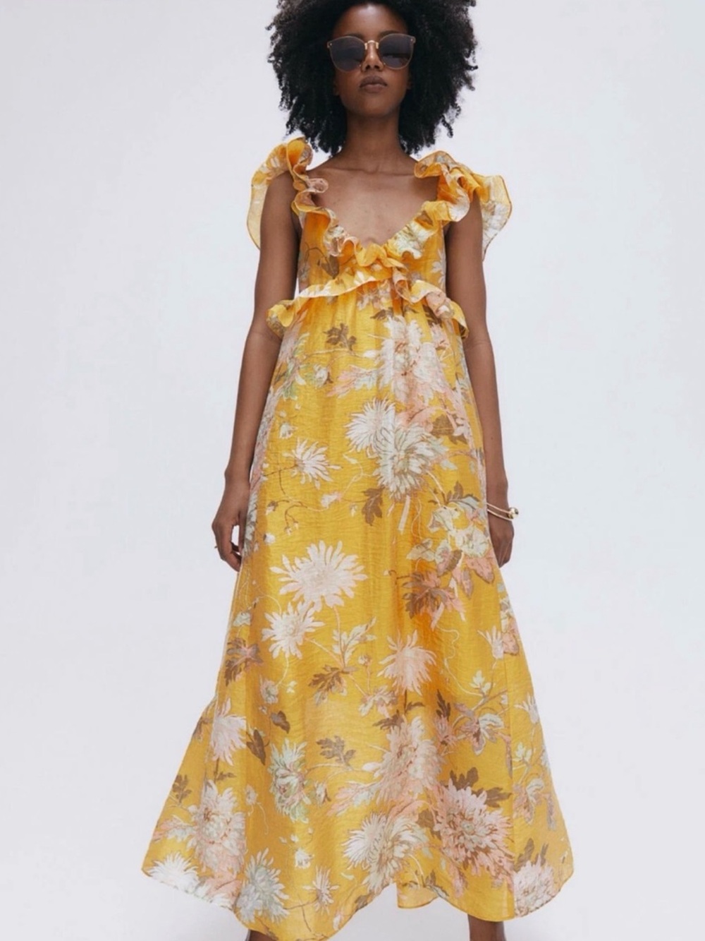 H&M Yellow Floral Ruffle-Trim Maxi Dress